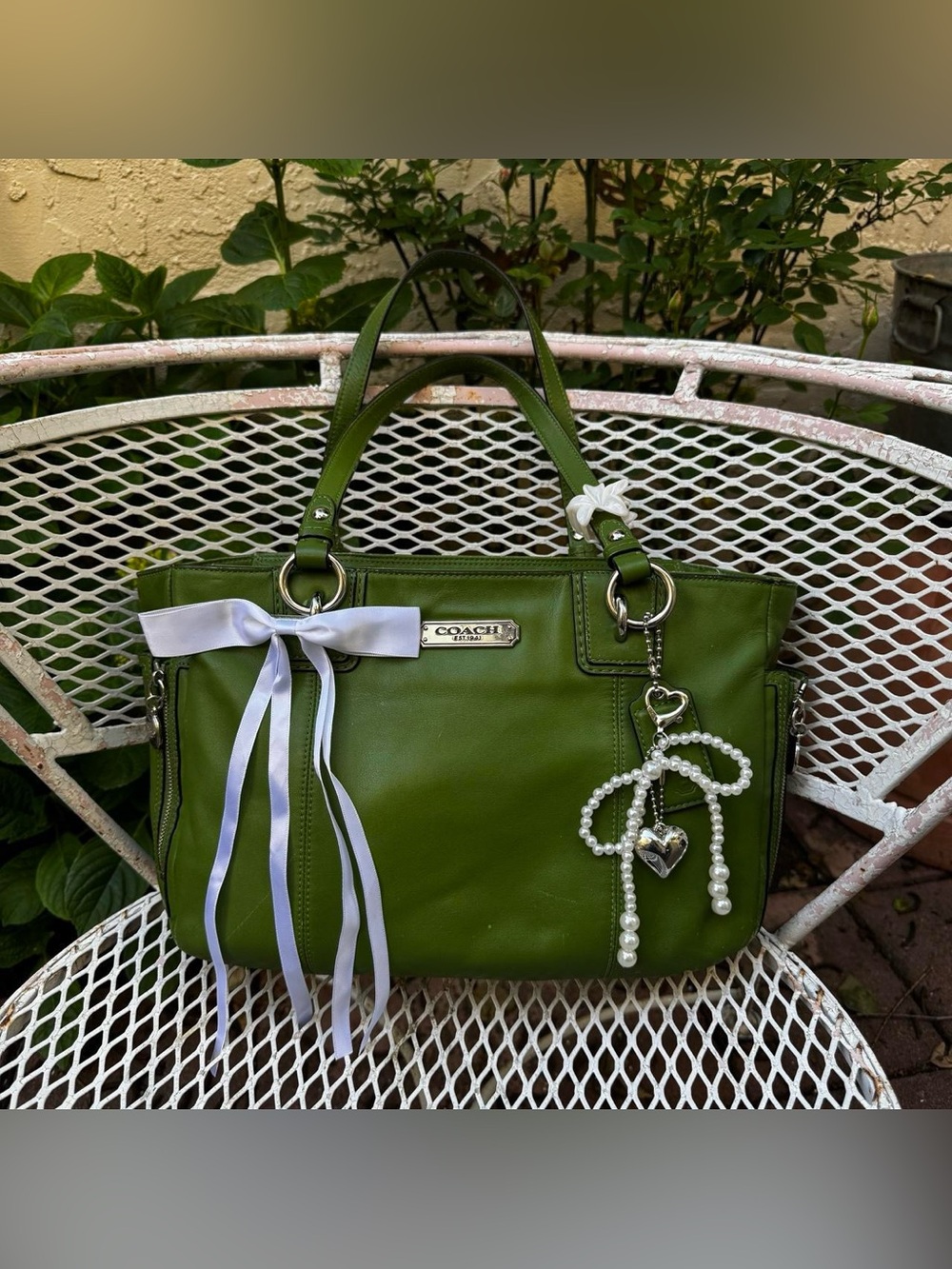 Coach Green Leather Tote with Zipper Pockets